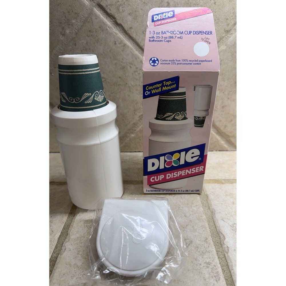 Vintage 3oz Dixie Cup Dispenser & Cups w/ Unused Wall Mount